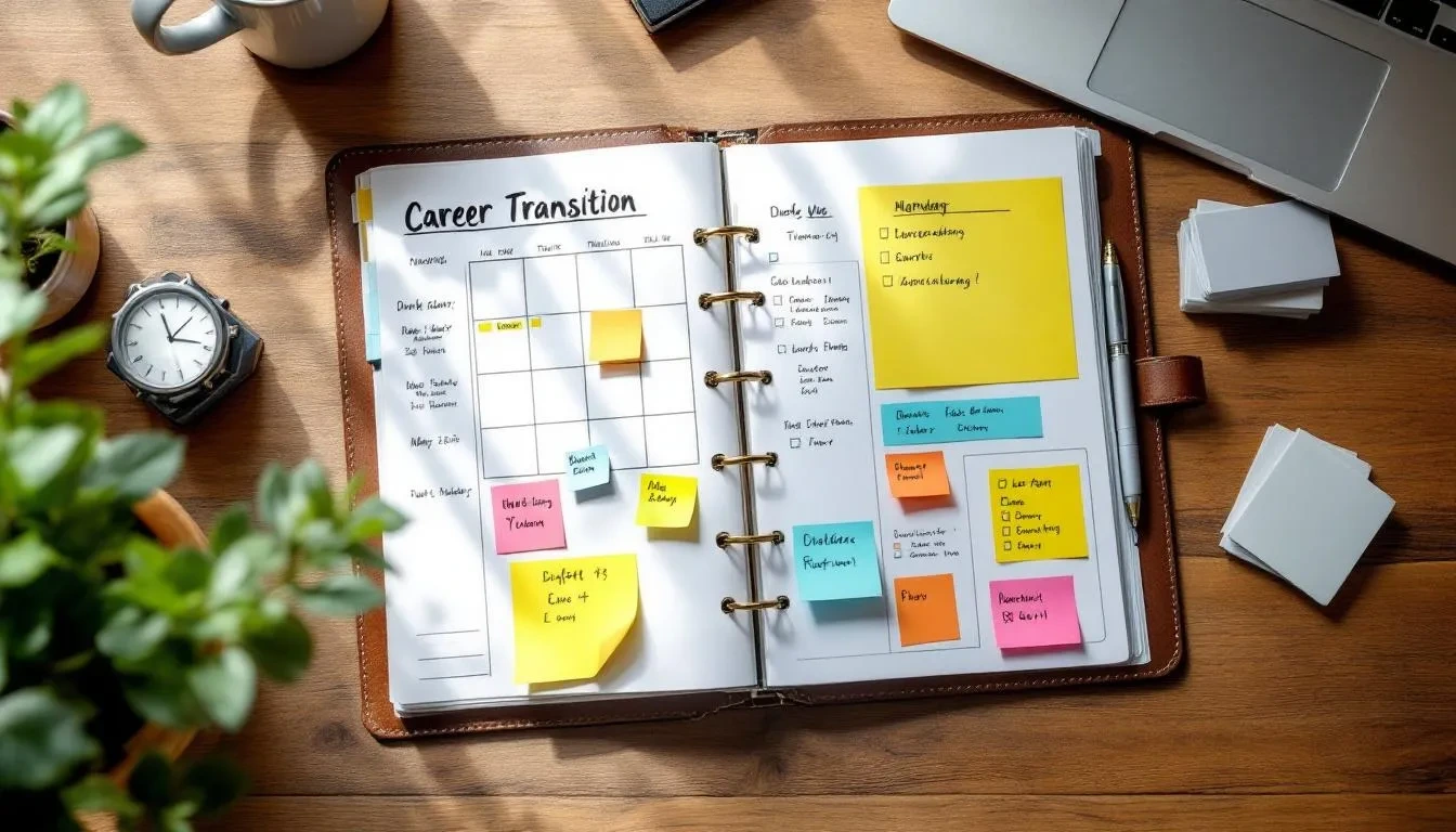 The image depicts a calendar alongside various planning materials, with key milestones for a career transition clearly marked. This visual representation highlights the journey of career changers, emphasizing the importance of successful career change strategies and the identification of transferable skills for those looking to switch careers.